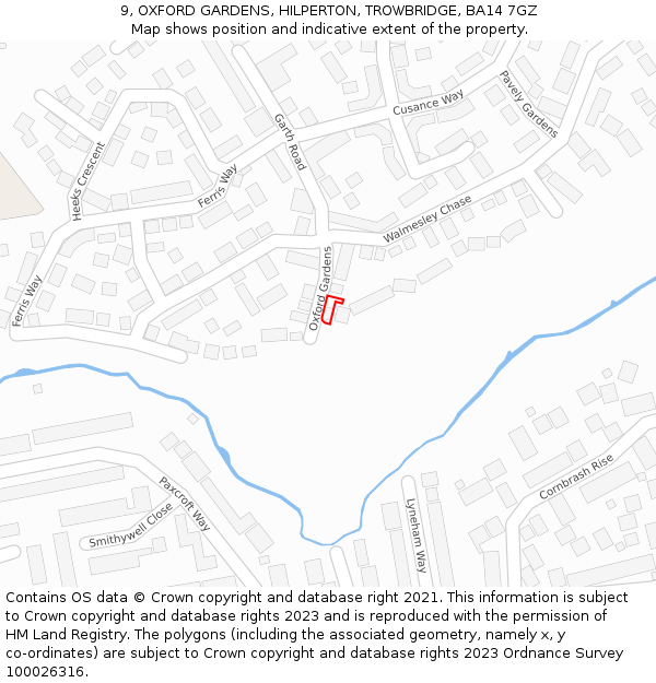 9, OXFORD GARDENS, HILPERTON, TROWBRIDGE, BA14 7GZ: Location map and indicative extent of plot