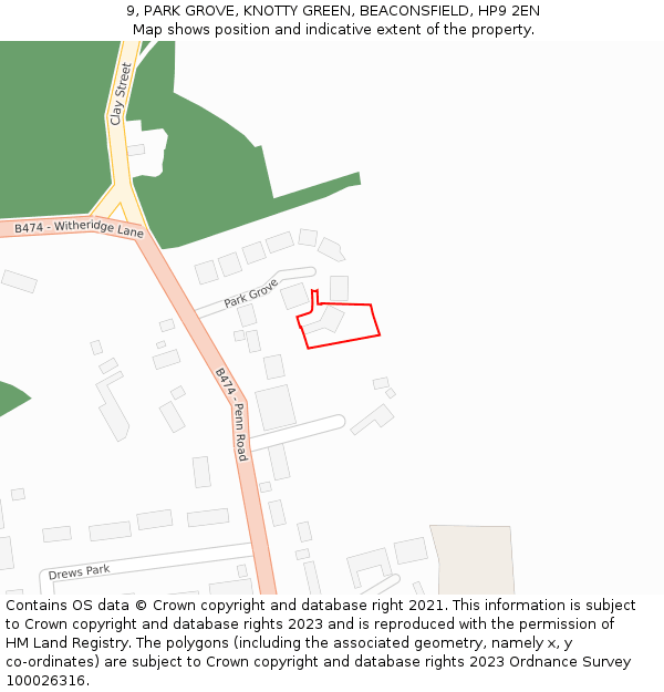 9, PARK GROVE, KNOTTY GREEN, BEACONSFIELD, HP9 2EN: Location map and indicative extent of plot