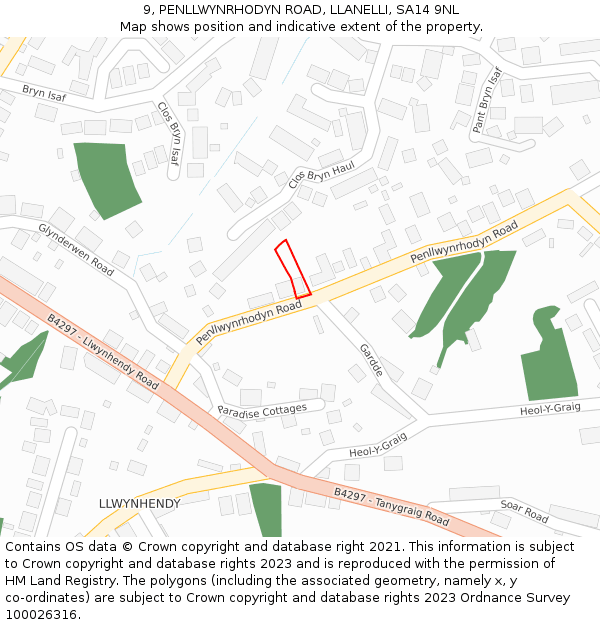 9, PENLLWYNRHODYN ROAD, LLANELLI, SA14 9NL: Location map and indicative extent of plot