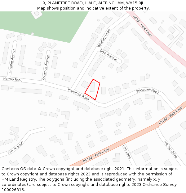 9, PLANETREE ROAD, HALE, ALTRINCHAM, WA15 9JL: Location map and indicative extent of plot