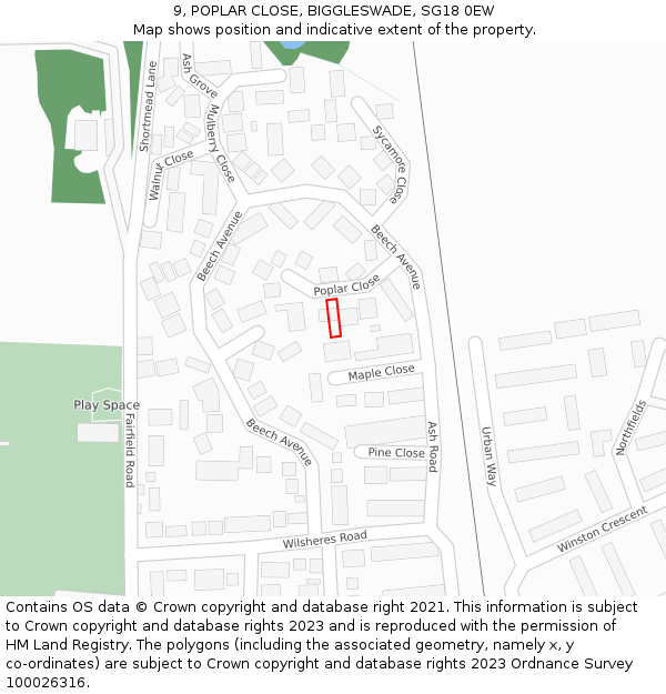 9, POPLAR CLOSE, BIGGLESWADE, SG18 0EW: Location map and indicative extent of plot