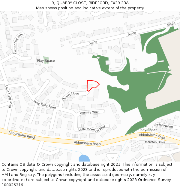 9, QUARRY CLOSE, BIDEFORD, EX39 3RA: Location map and indicative extent of plot