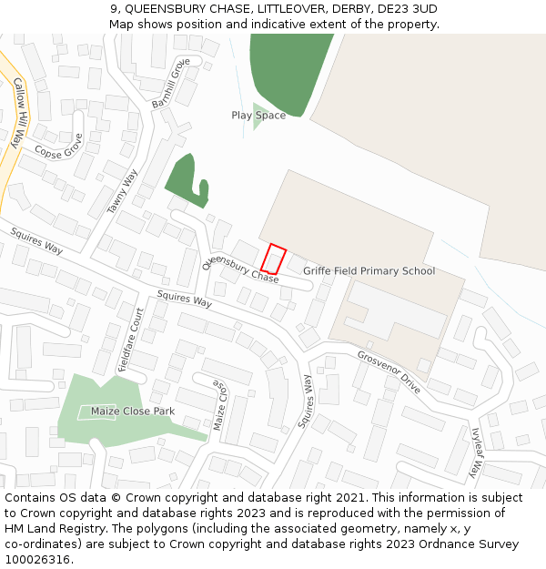 9, QUEENSBURY CHASE, LITTLEOVER, DERBY, DE23 3UD: Location map and indicative extent of plot