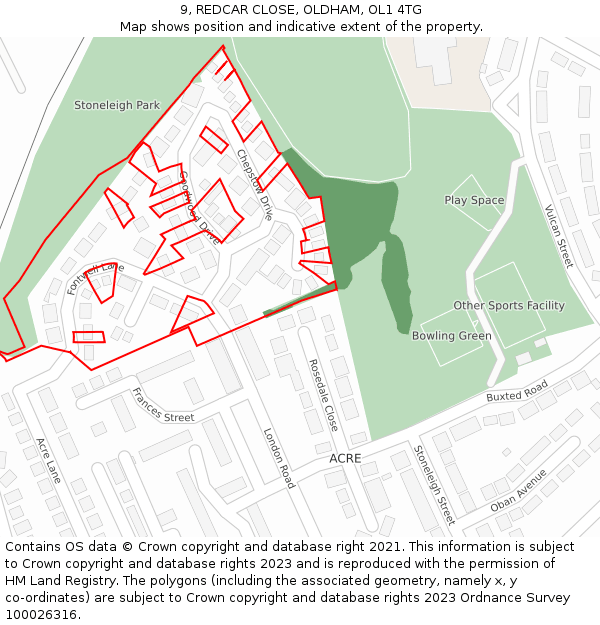 9, REDCAR CLOSE, OLDHAM, OL1 4TG: Location map and indicative extent of plot