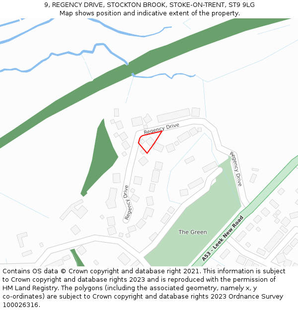 9, REGENCY DRIVE, STOCKTON BROOK, STOKE-ON-TRENT, ST9 9LG: Location map and indicative extent of plot