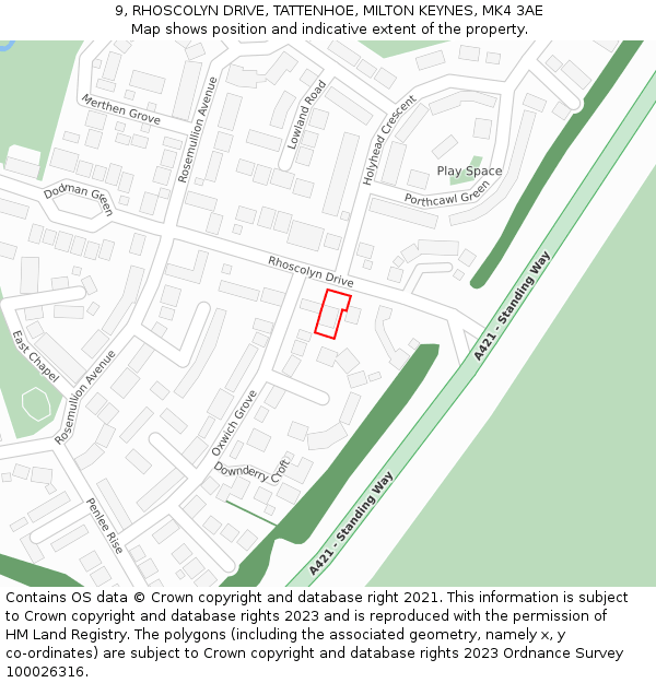 9, RHOSCOLYN DRIVE, TATTENHOE, MILTON KEYNES, MK4 3AE: Location map and indicative extent of plot