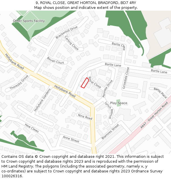 9, ROYAL CLOSE, GREAT HORTON, BRADFORD, BD7 4RY: Location map and indicative extent of plot