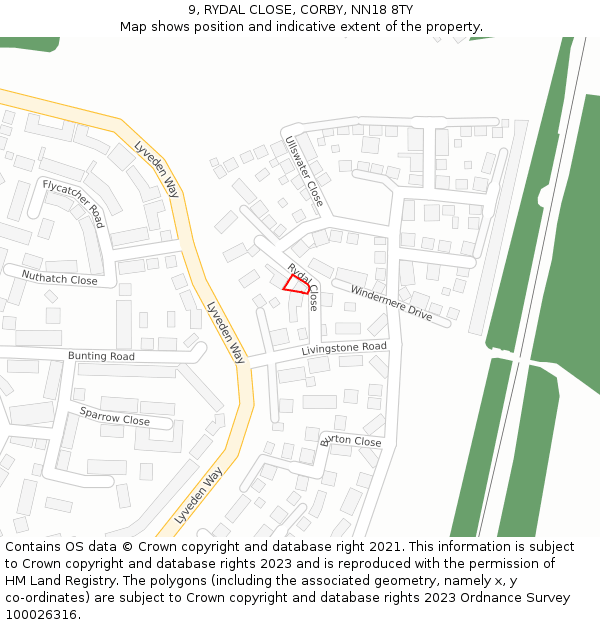 9, RYDAL CLOSE, CORBY, NN18 8TY: Location map and indicative extent of plot