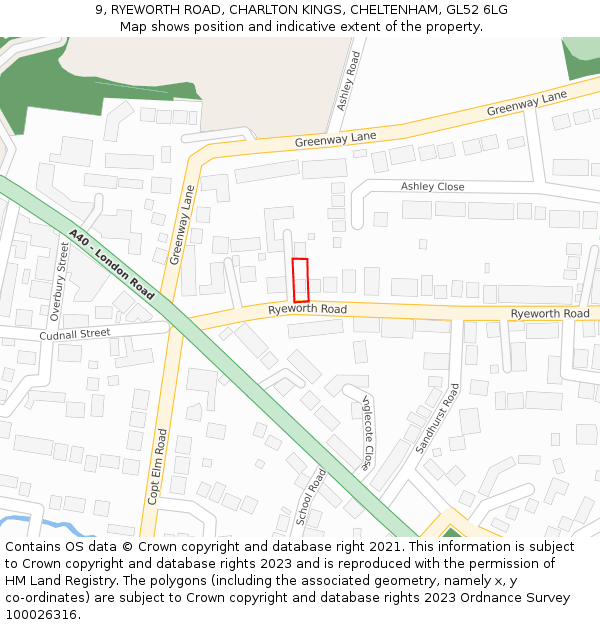 9, RYEWORTH ROAD, CHARLTON KINGS, CHELTENHAM, GL52 6LG: Location map and indicative extent of plot