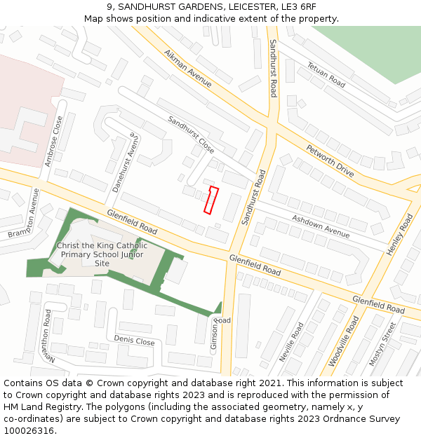 9, SANDHURST GARDENS, LEICESTER, LE3 6RF: Location map and indicative extent of plot