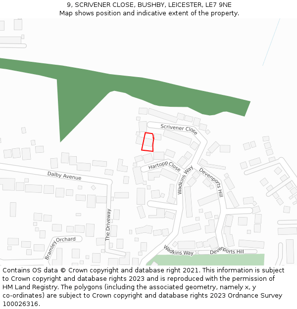 9, SCRIVENER CLOSE, BUSHBY, LEICESTER, LE7 9NE: Location map and indicative extent of plot