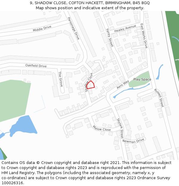 9, SHADOW CLOSE, COFTON HACKETT, BIRMINGHAM, B45 8GQ: Location map and indicative extent of plot