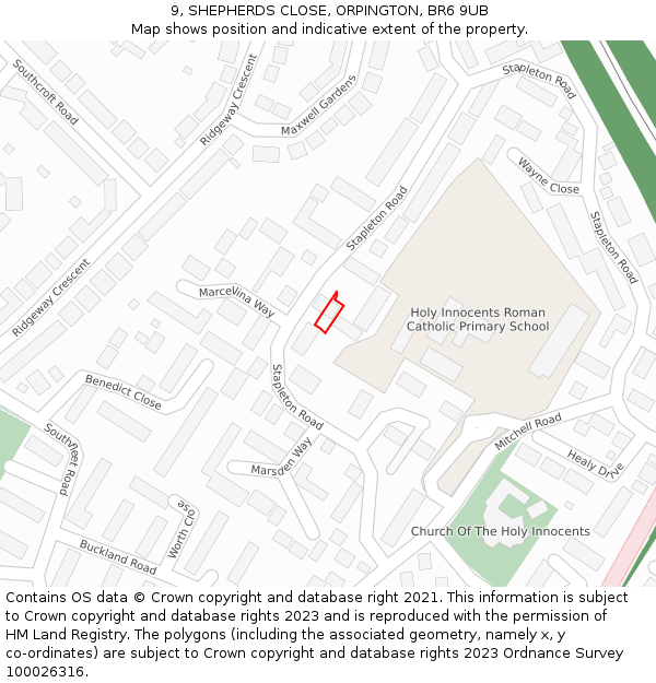 9, SHEPHERDS CLOSE, ORPINGTON, BR6 9UB: Location map and indicative extent of plot