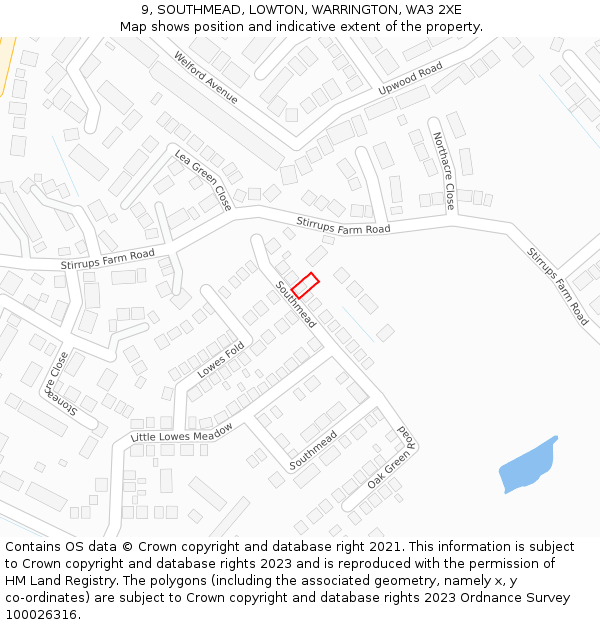 9, SOUTHMEAD, LOWTON, WARRINGTON, WA3 2XE: Location map and indicative extent of plot