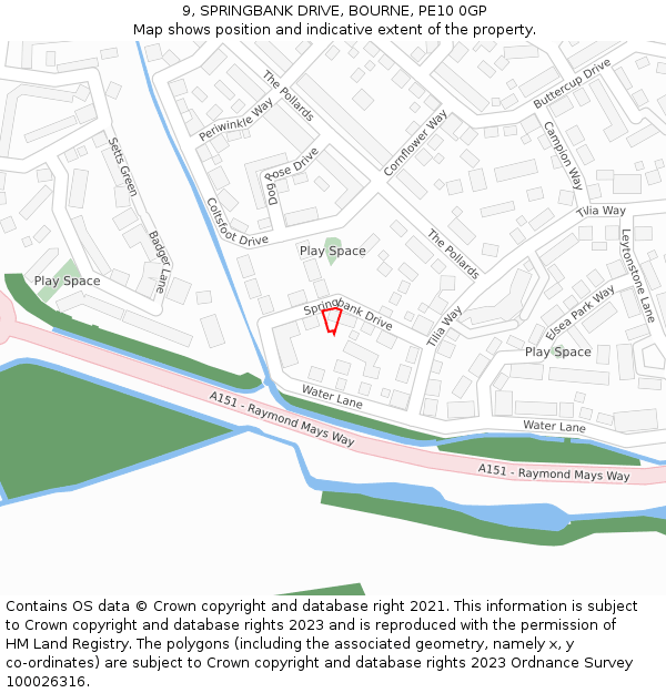 9, SPRINGBANK DRIVE, BOURNE, PE10 0GP: Location map and indicative extent of plot