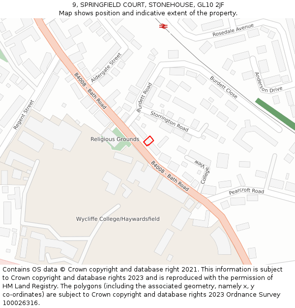 9, SPRINGFIELD COURT, STONEHOUSE, GL10 2JF: Location map and indicative extent of plot