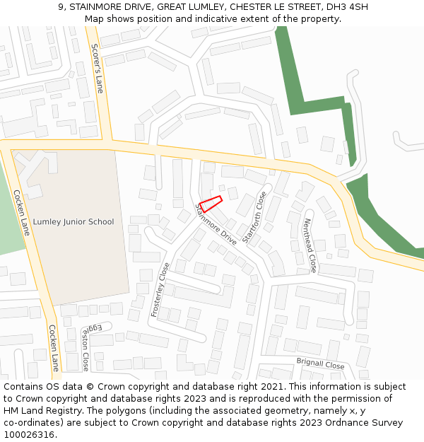 9, STAINMORE DRIVE, GREAT LUMLEY, CHESTER LE STREET, DH3 4SH: Location map and indicative extent of plot