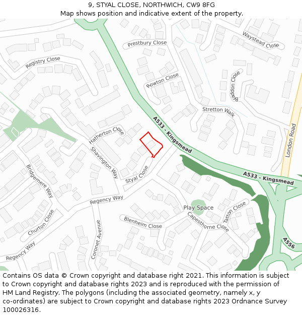 9, STYAL CLOSE, NORTHWICH, CW9 8FG: Location map and indicative extent of plot