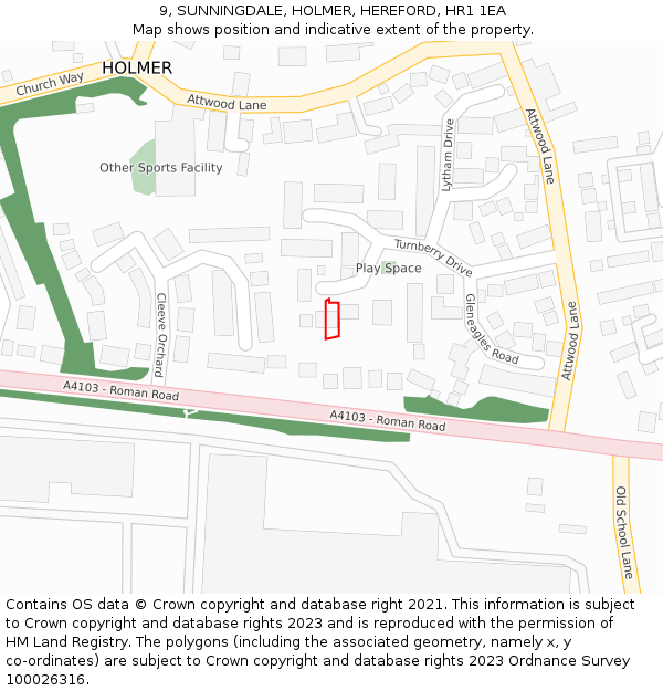 9, SUNNINGDALE, HOLMER, HEREFORD, HR1 1EA: Location map and indicative extent of plot