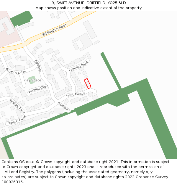 9, SWIFT AVENUE, DRIFFIELD, YO25 5LD: Location map and indicative extent of plot