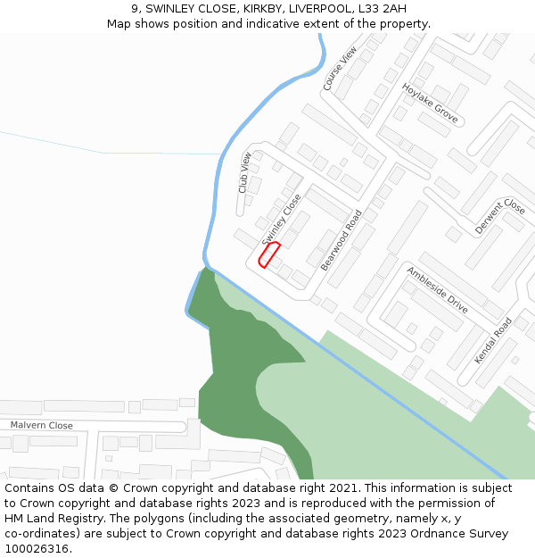 9, SWINLEY CLOSE, KIRKBY, LIVERPOOL, L33 2AH: Location map and indicative extent of plot