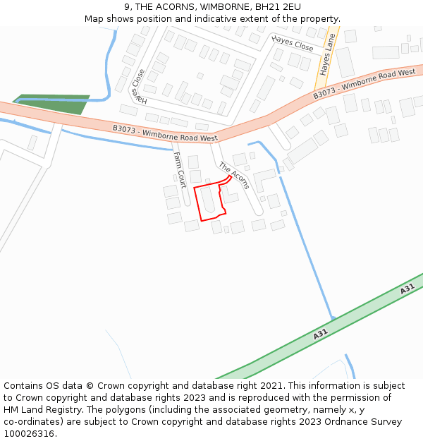 9, THE ACORNS, WIMBORNE, BH21 2EU: Location map and indicative extent of plot