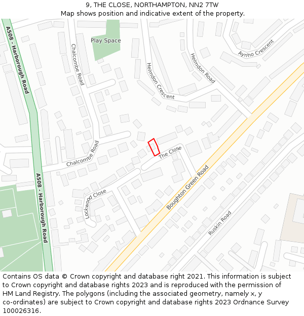 9, THE CLOSE, NORTHAMPTON, NN2 7TW: Location map and indicative extent of plot