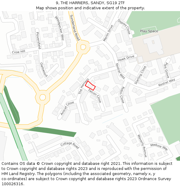 9, THE HARRIERS, SANDY, SG19 2TF: Location map and indicative extent of plot