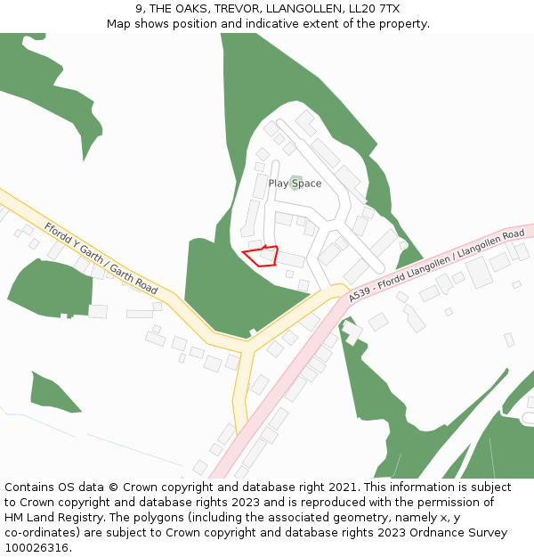 9, THE OAKS, TREVOR, LLANGOLLEN, LL20 7TX: Location map and indicative extent of plot