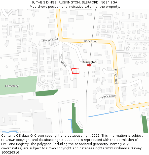 9, THE SIDINGS, RUSKINGTON, SLEAFORD, NG34 9GA: Location map and indicative extent of plot