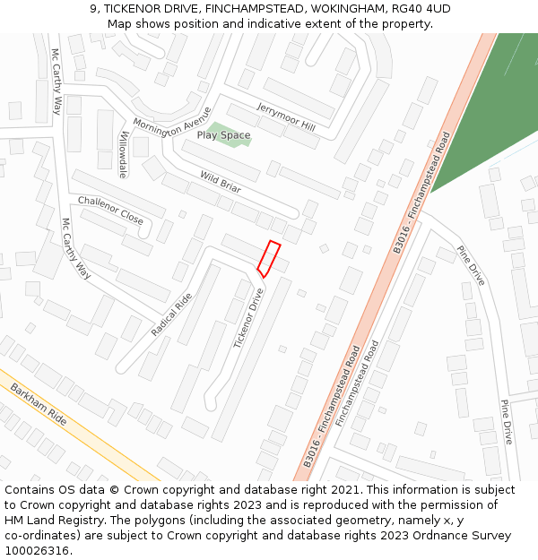 9, TICKENOR DRIVE, FINCHAMPSTEAD, WOKINGHAM, RG40 4UD: Location map and indicative extent of plot