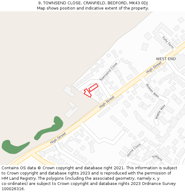 9, TOWNSEND CLOSE, CRANFIELD, BEDFORD, MK43 0DJ: Location map and indicative extent of plot