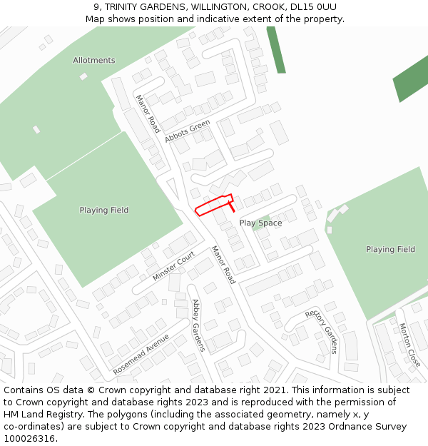 9, TRINITY GARDENS, WILLINGTON, CROOK, DL15 0UU: Location map and indicative extent of plot