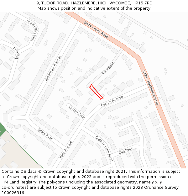 9, TUDOR ROAD, HAZLEMERE, HIGH WYCOMBE, HP15 7PD: Location map and indicative extent of plot