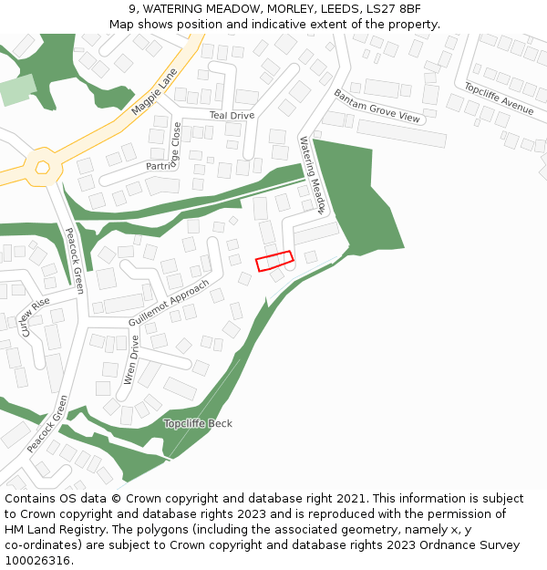 9, WATERING MEADOW, MORLEY, LEEDS, LS27 8BF: Location map and indicative extent of plot