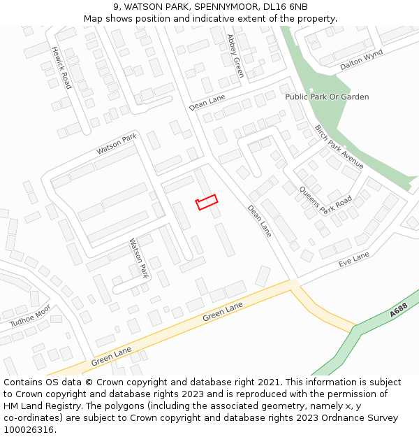 9, WATSON PARK, SPENNYMOOR, DL16 6NB: Location map and indicative extent of plot