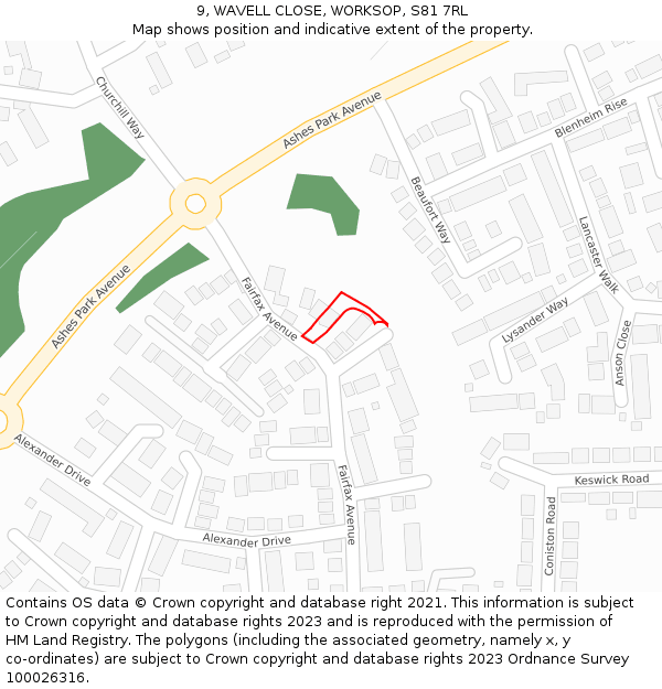 9, WAVELL CLOSE, WORKSOP, S81 7RL: Location map and indicative extent of plot