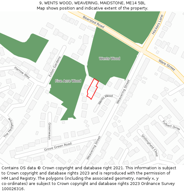 9, WENTS WOOD, WEAVERING, MAIDSTONE, ME14 5BL: Location map and indicative extent of plot