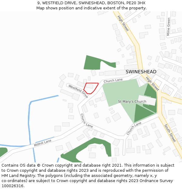 9, WESTFIELD DRIVE, SWINESHEAD, BOSTON, PE20 3HX: Location map and indicative extent of plot