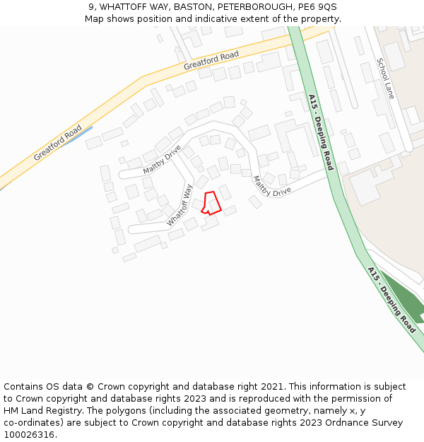 9, WHATTOFF WAY, BASTON, PETERBOROUGH, PE6 9QS: Location map and indicative extent of plot