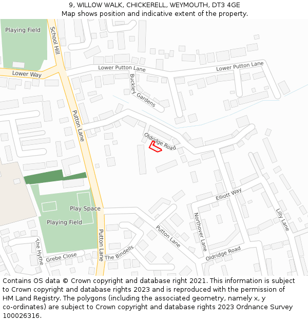 9, WILLOW WALK, CHICKERELL, WEYMOUTH, DT3 4GE: Location map and indicative extent of plot