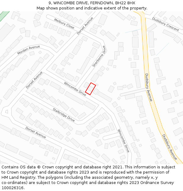 9, WINCOMBE DRIVE, FERNDOWN, BH22 8HX: Location map and indicative extent of plot