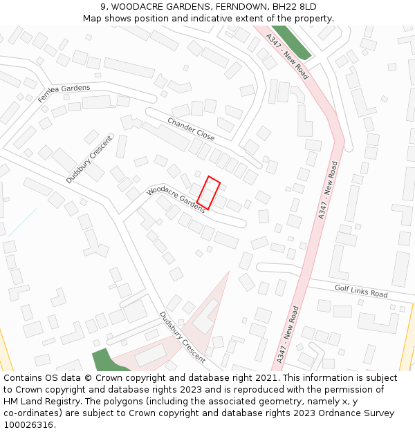 9, WOODACRE GARDENS, FERNDOWN, BH22 8LD: Location map and indicative extent of plot