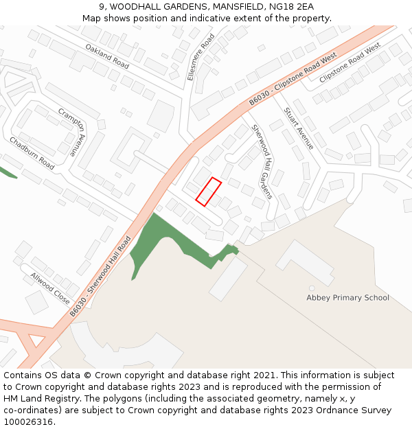 9, WOODHALL GARDENS, MANSFIELD, NG18 2EA: Location map and indicative extent of plot