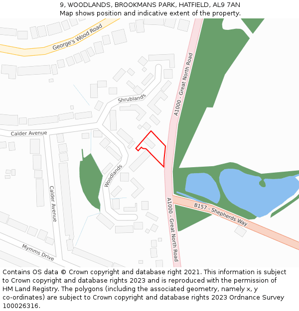 9, WOODLANDS, BROOKMANS PARK, HATFIELD, AL9 7AN: Location map and indicative extent of plot