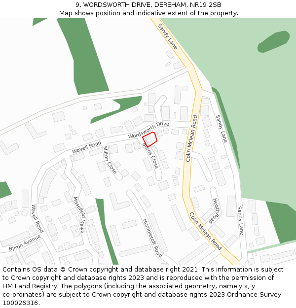 9, WORDSWORTH DRIVE, DEREHAM, NR19 2SB: Location map and indicative extent of plot