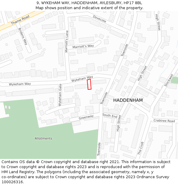 9, WYKEHAM WAY, HADDENHAM, AYLESBURY, HP17 8BL: Location map and indicative extent of plot