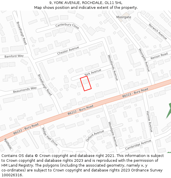 9, YORK AVENUE, ROCHDALE, OL11 5HL: Location map and indicative extent of plot