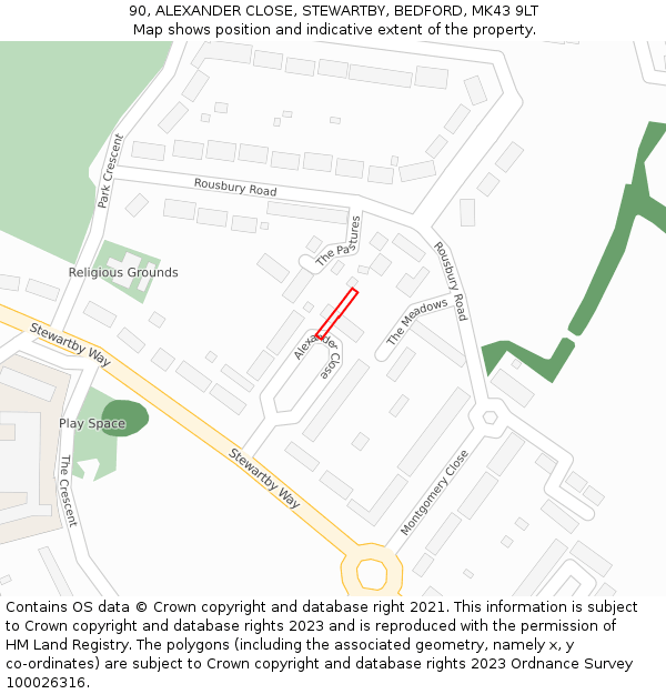 90, ALEXANDER CLOSE, STEWARTBY, BEDFORD, MK43 9LT: Location map and indicative extent of plot