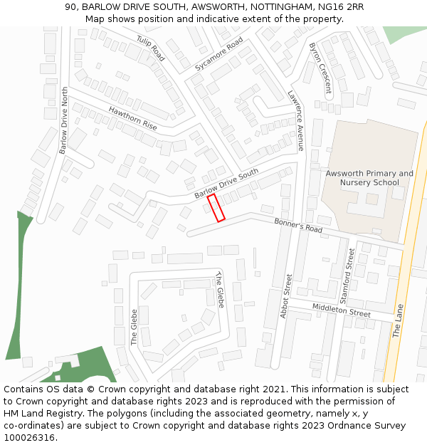 90, BARLOW DRIVE SOUTH, AWSWORTH, NOTTINGHAM, NG16 2RR: Location map and indicative extent of plot